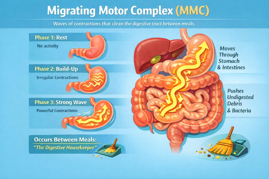 Diagram of the migrating motor complex, illustrating how gut motility clears bacteria between meals

