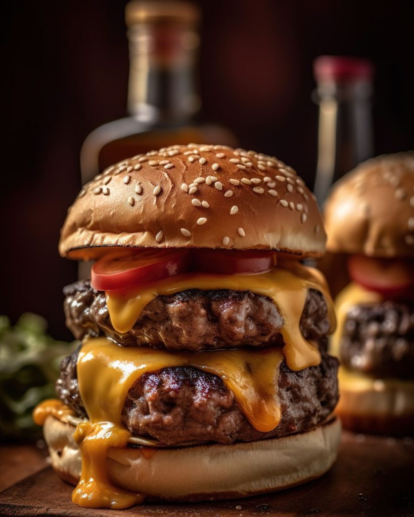 Juicy double cheeseburger with toppings