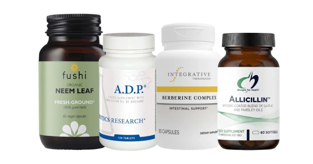 Bottles of antimicrobial herbs used in SIBO treatment