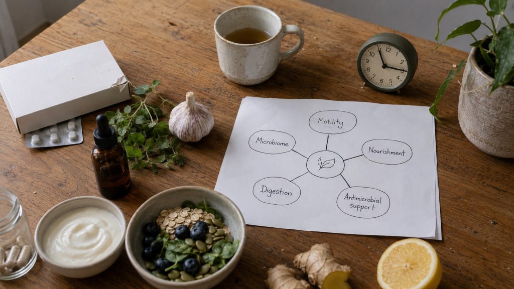 SIBO treatment options laid out on a table
