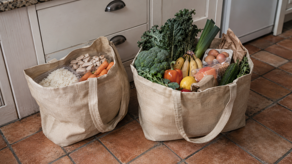 A bag containing ingredients in a highly restricted diet, and a bag containing ingredients in a nourishing and abundant diet