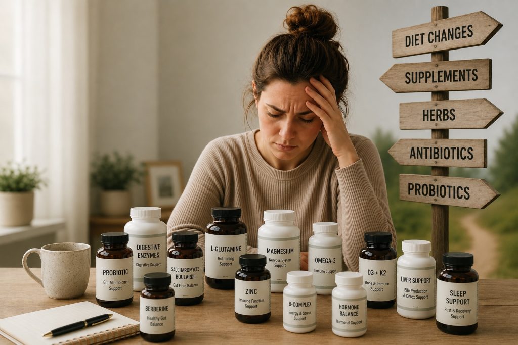 Woman surrounded by supplement bottles stressed out as her SIBO keeps coming back