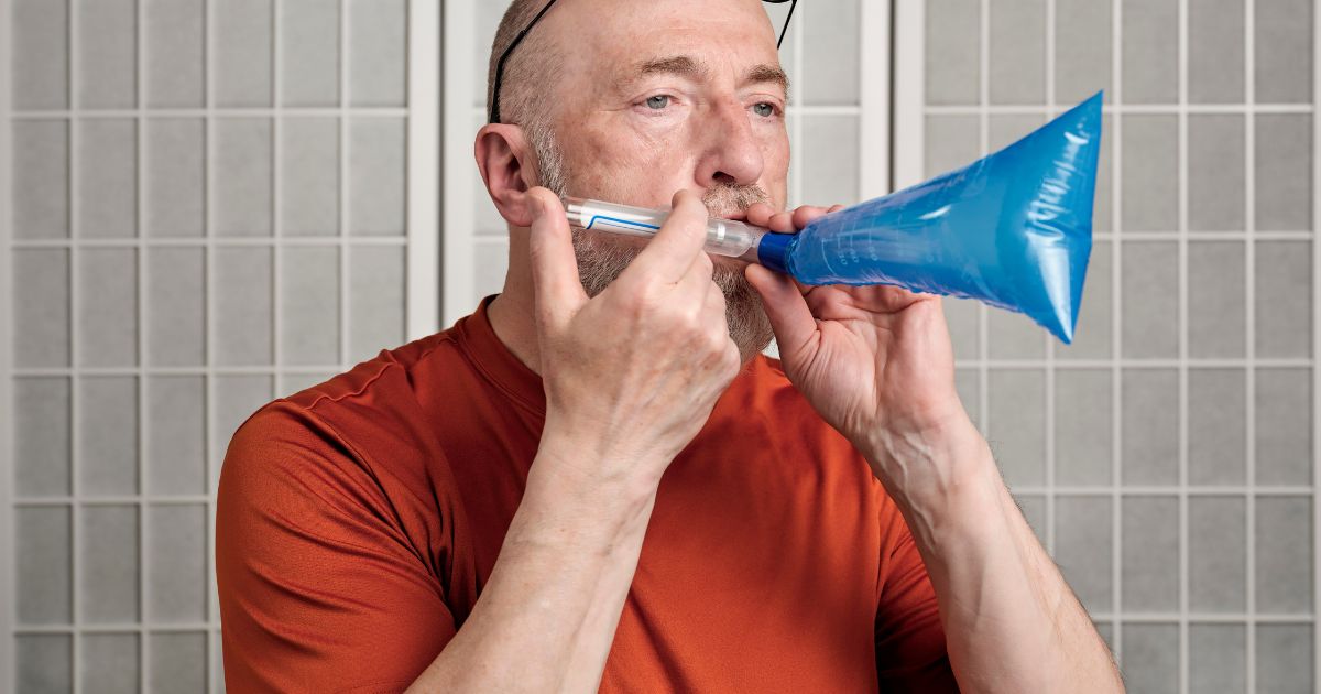 Man breathing into a collection bag during a SIBO breath test.